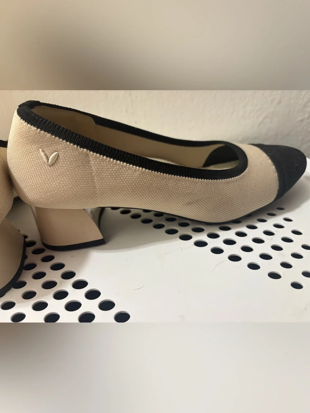 Vivaia- Beige & Black Round Toe Chunky Heels (Julie Pro)